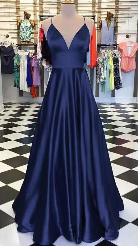 Spaghetti Straps Navy Blue Prom Dresses for Women