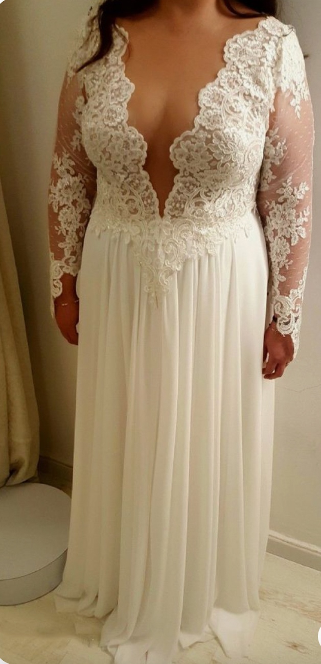 Deep V Neck Wedding Dresses Bridal Gown with Sleeves