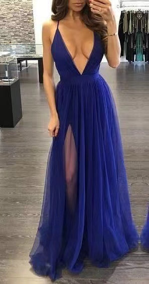 Deep V Neck Royal Blue Prom Dresses Slit Side