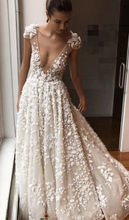 Laden Sie das Bild in den Galerie-Viewer, Deep V Neck Wedding Dresses Bridal Gown with 3D Flowers