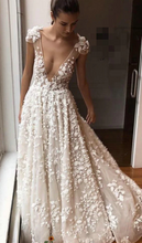 Cargar imagen en el visor de la galería, Deep V Neck Wedding Dresses Bridal Gown with 3D Flowers