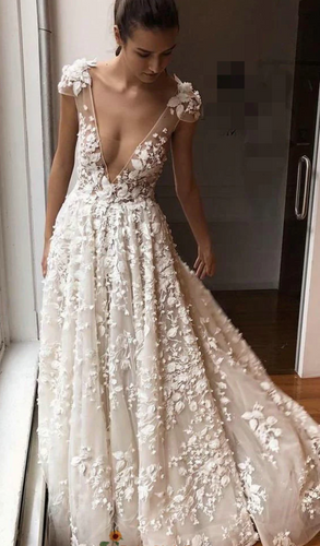 Deep V Neck Wedding Dresses Bridal Gown with 3D Flowers