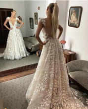 Laden Sie das Bild in den Galerie-Viewer, Deep V Neck Wedding Dresses Bridal Gown with 3D Flowers