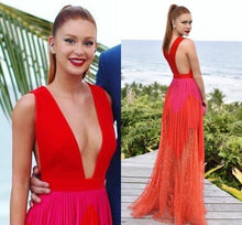 Load image into Gallery viewer, Deep V Neck Red Prom Dresses Backless