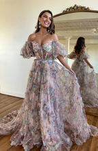 Load image into Gallery viewer, Floral Prom Dresses Off Shoulder Floor Length