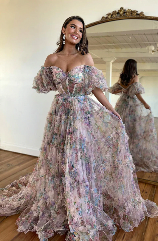 Floral Prom Dresses Off Shoulder Floor Length