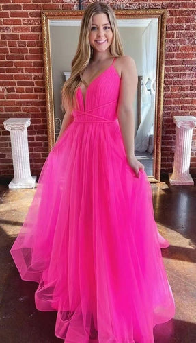 Fuchsia Prom Dresses Spaghetti Straps Tulle Long