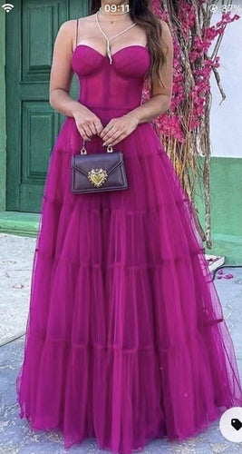 Spaghetti Straps Fuchsia Prom Dresses Floor Length