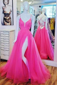 Fuchsia Prom Dresses Spaghetti Straps Tulle Long