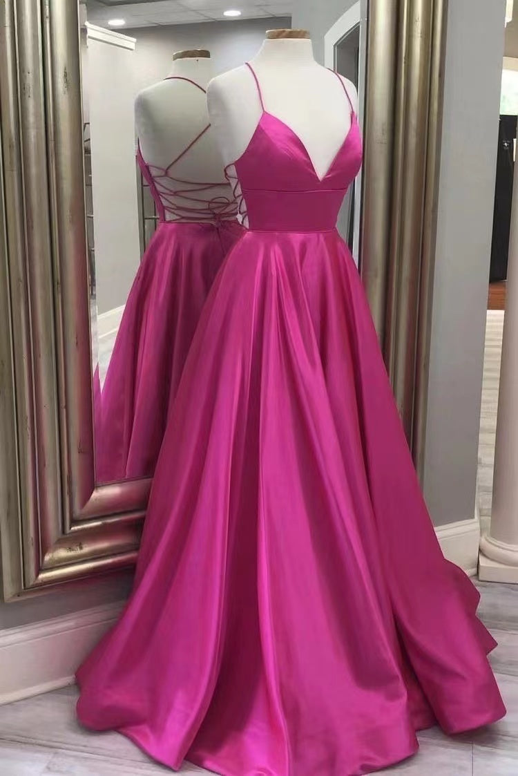 Fuchsia Prom Dresses Spaghetti Straps Criss Cross