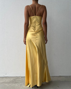 Yellow Prom Dresses Spaghetti Straps Slit Side Floor Length
