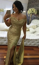 Laden Sie das Bild in den Galerie-Viewer, Gold Prom Dresses Sequins Evening Gown Long