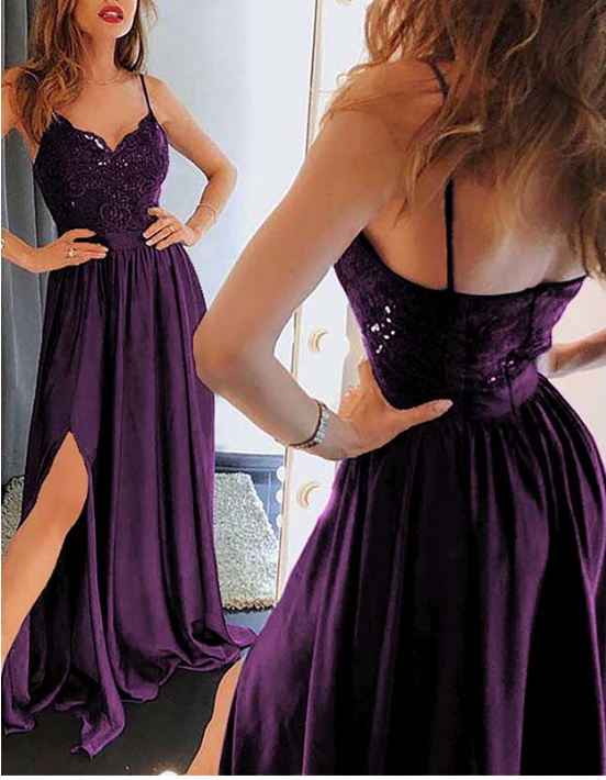 Grape Prom Dresses Slit Side Spaghetti Straps