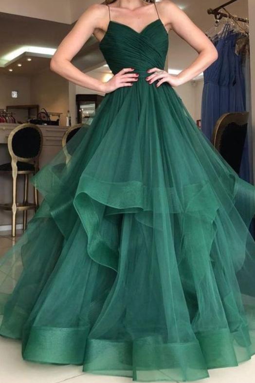 Green Prom Dresses Spaghetti Straps Tulle