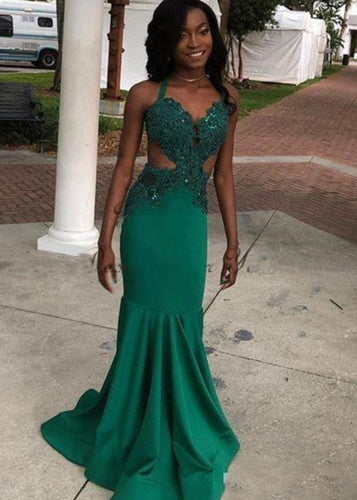 V Neck Green Prom Dresses with Appliques Lace