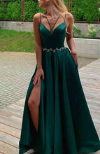 Load image into Gallery viewer, Green Prom Dresses Slit Side Spaghetti Straps Waist with Beaded