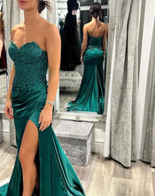 Load image into Gallery viewer, Green Prom Dresses Slit Side with Appliques