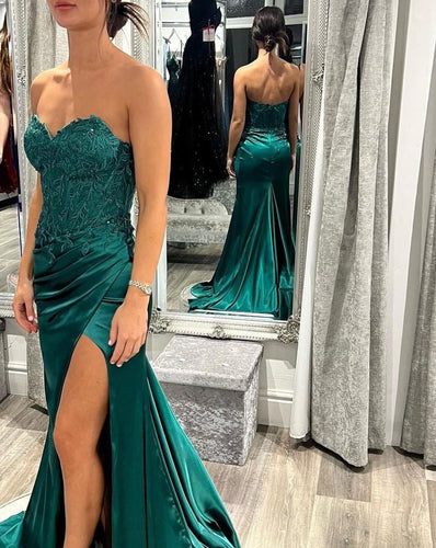Green Prom Dresses Slit Side with Appliques