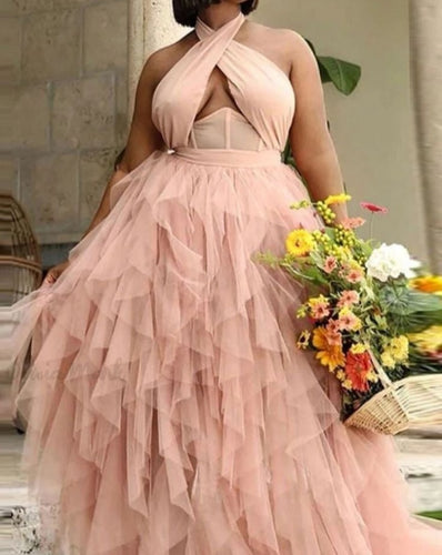 Halter Slit Side Prom Dresses Blush