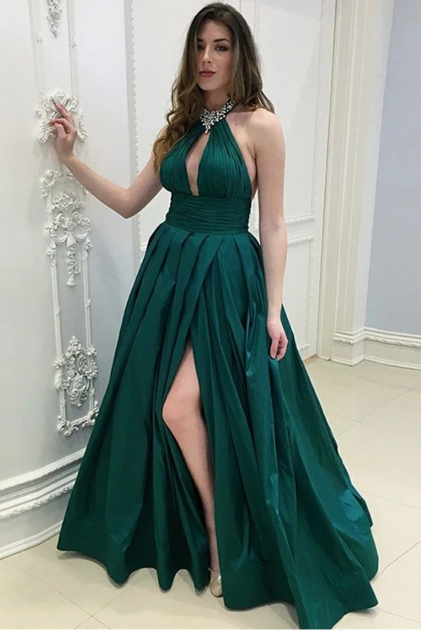 Halter Prom Dresses Slit Side with Rhinestones