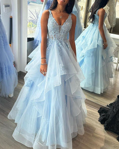 V Neck Prom Dresses Sky Blue with Appliques