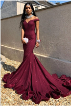 Load image into Gallery viewer, Maroon Prom Dresses Off Shoulder Mermaid