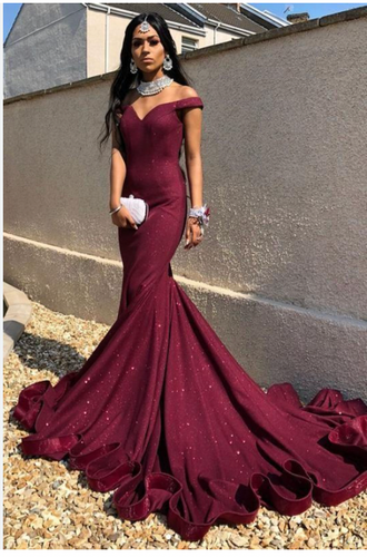 Maroon Prom Dresses Off Shoulder Mermaid