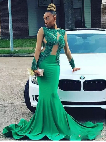 Green Prom Dresses V Neck with Lace Appliques