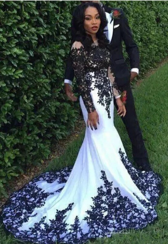 Mermaid Prom Dresses with Full Sleeves Black Lace