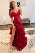 Cargar imagen en el visor de la galería, Red Prom Dresses Long Off Shoulder Lace