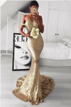 Laden Sie das Bild in den Galerie-Viewer, Off Shoulder Gold Prom Dresses Sequins Evening Gown
