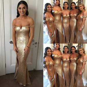 Off Shoulder Bridesmaid Dresses Sequins Mermaid Long Length