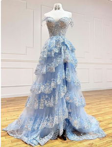 Prom Dresses Sky Blue with Appliques Lace