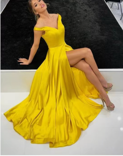 Yellow Prom Dresses Off Shoulder Slit Side