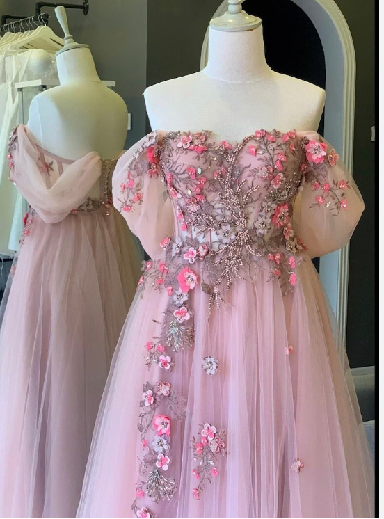 Off Shoulder Prom Dresses with 3D Flowers