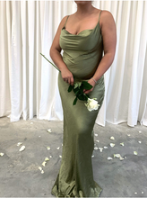 Load image into Gallery viewer, Olive Green Slit Side Prom Dresses Spaghetti Straps