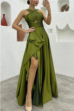 Charger l&#39;image dans la galerie, Olive Green Prom Dresses Slit Side Halter