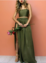 Load image into Gallery viewer, Olive Green Prom Dresses Two Piece Slit Side