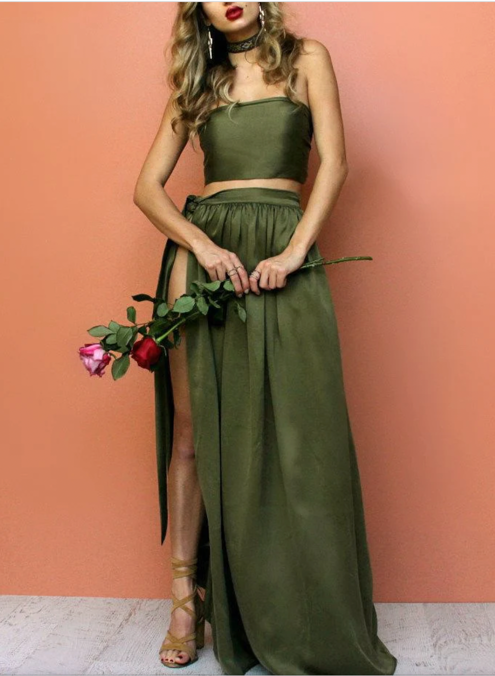 olive green two piece prom dress Olive Green Two-Piece Corset and Beaded Skirt Evening Set Custom Color / Floor Length / US0