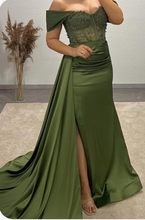 Load image into Gallery viewer, Olive Green Prom Dresses Off Shoulder Slit Side