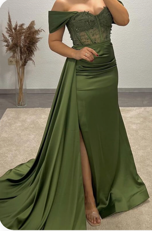 Olive Green Prom Dresses Off Shoulder Slit Side