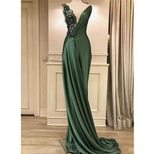 V Neck Prom Dresses Olive Green Long
