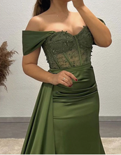 Load image into Gallery viewer, Olive Green Prom Dresses Off Shoulder Slit Side