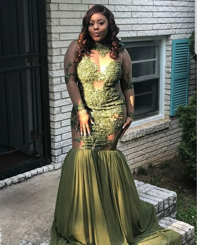 Plus Size Olive Green Prom Dresses with Lace Appliques