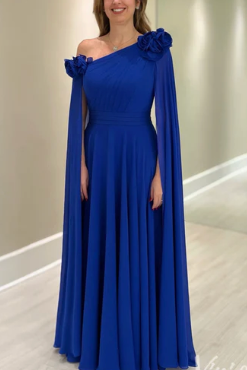 One Shoulder Royal Blue Prom Dresses with Handmade Flowers