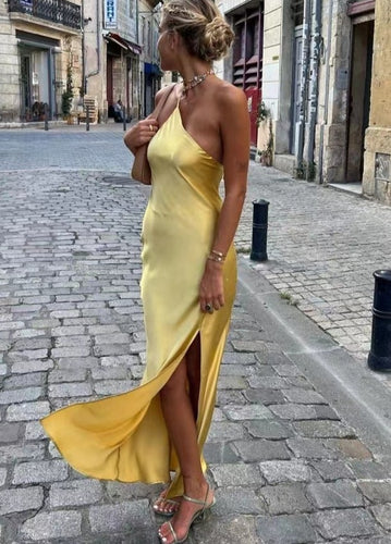 One Shoulder Yellow Prom Dresses Slit Side