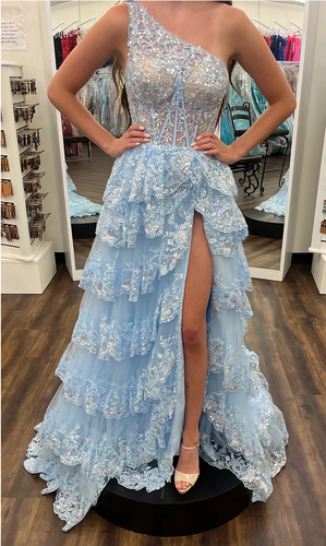 Prom Dresses Sky Blue Evening Gown with Appliques Lace