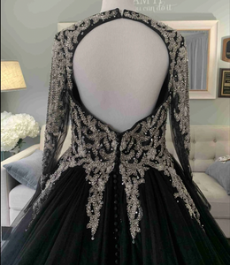 V Neck Black Prom Dresses with Sleeves with Silver Beading
