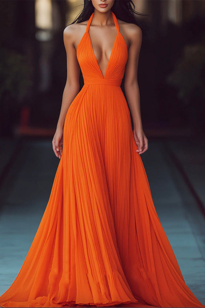 Halter V Neck Maxi Dresses Organe Prom Dresses