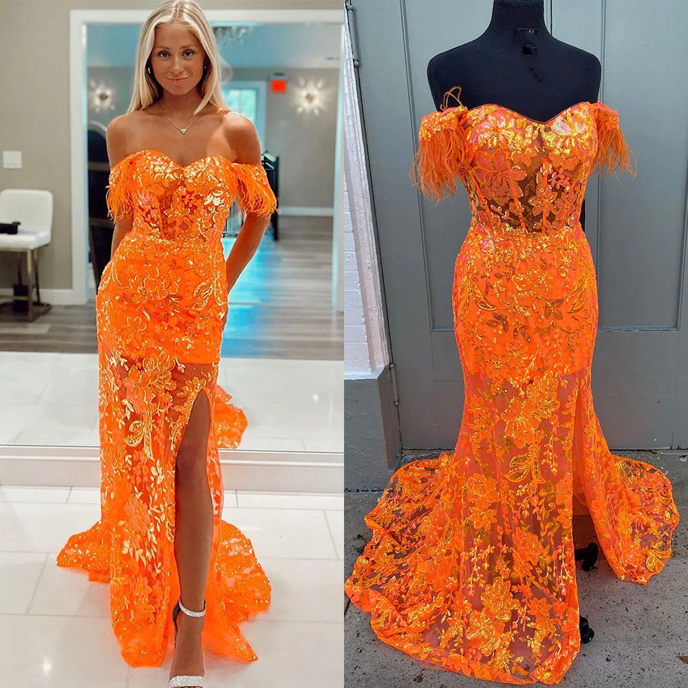 Orange Prom Dresses Long Sparkly Lace